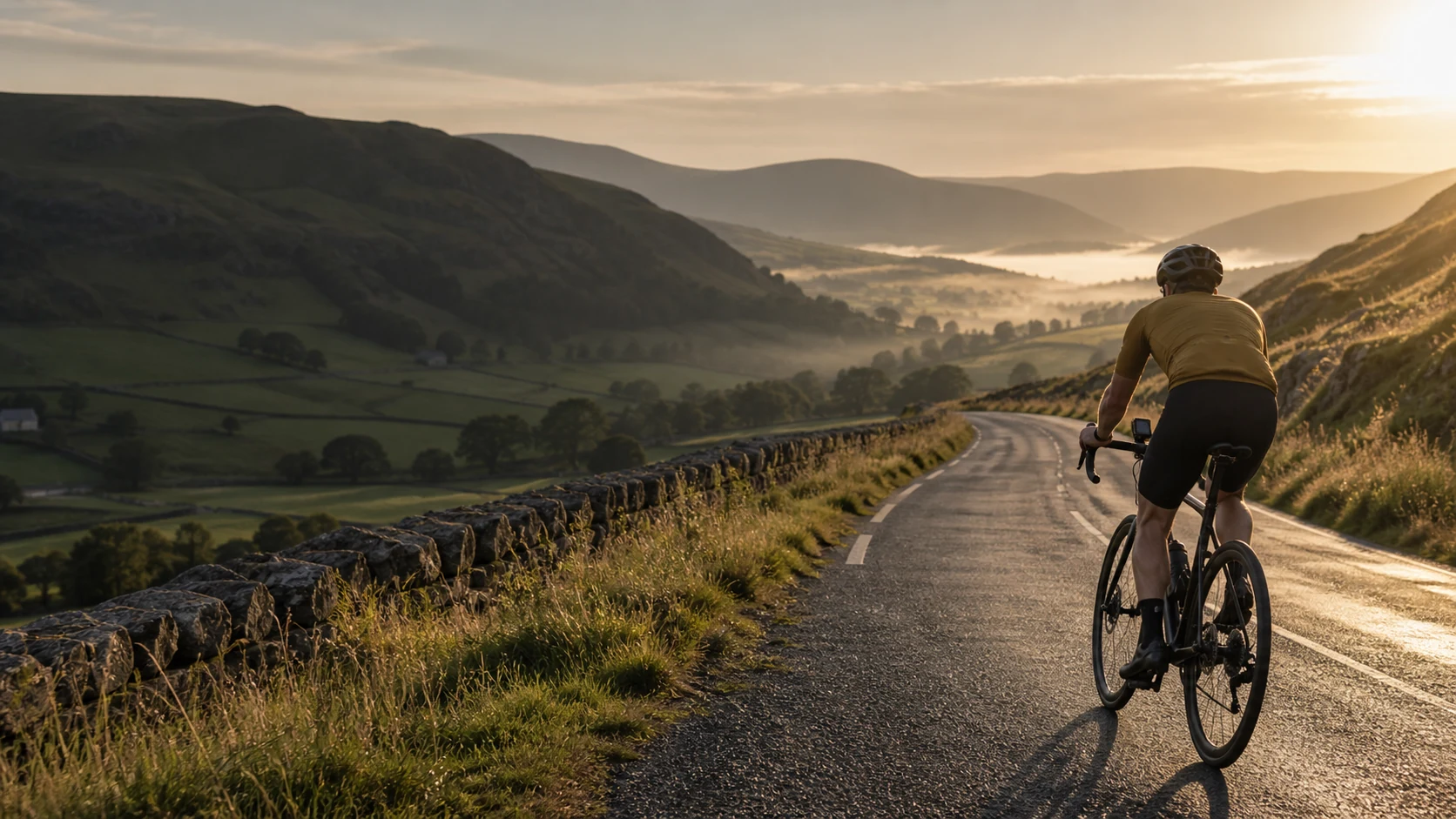 A cyclist following a quiet road through open countryside